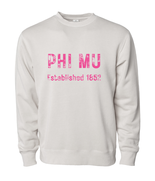 Phi Mu Est. Rustic Print Crewneck