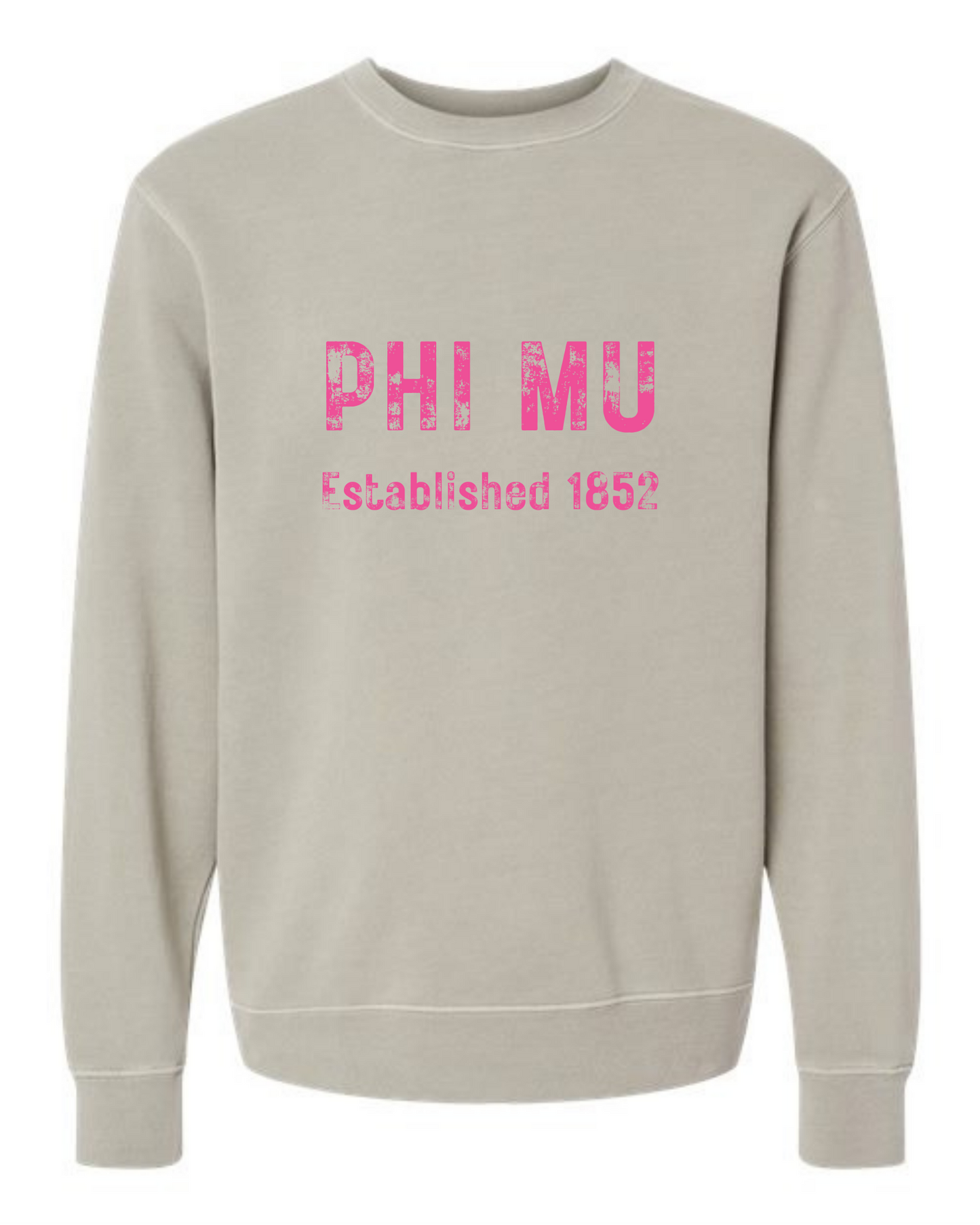 Phi Mu Est. Rustic Print Crewneck